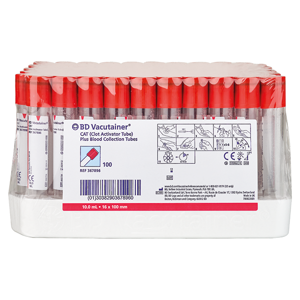 BD Vacutainer® Serumröhrchen - PET, Gerinnungsaktivator, Papieretikett,Hemogard Verschluss, Stopfenfarbe: rot - 10 ml - 100 Stück